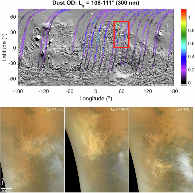 Fig. 4: UV and visible images of the MY 37 aphelion local dust storm.