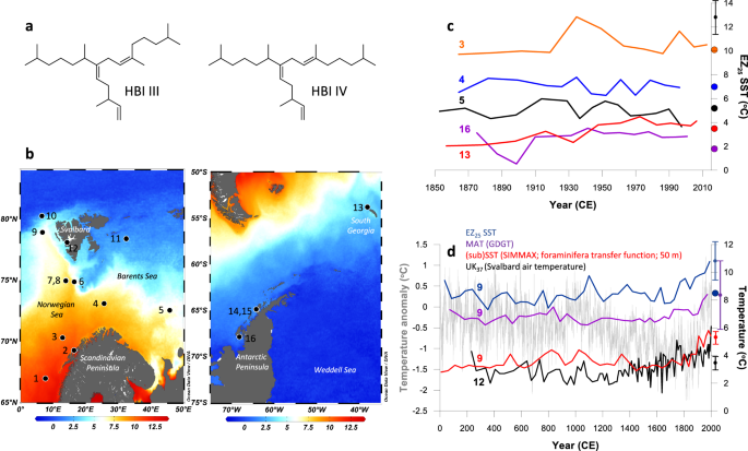 Fig. 1: Structures, locations of marine sediment cores and EZ25 sea surface temperature (SST) reconstructions over recent decades/centuries.