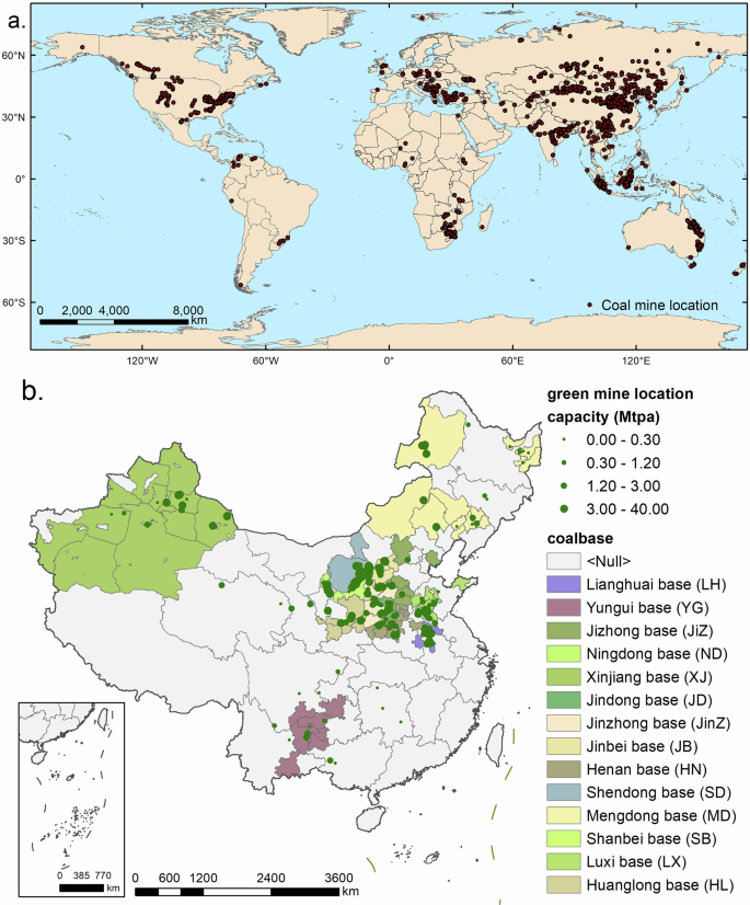 Fig. 1: Map of global coal mines and green mines (coal mines) in China.