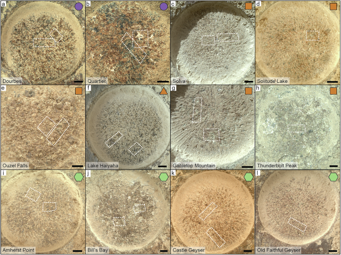 Fig. 4: WATSON images of abrasion patches with PIXL scan footprints in dashed white areas for the scans included in this study.