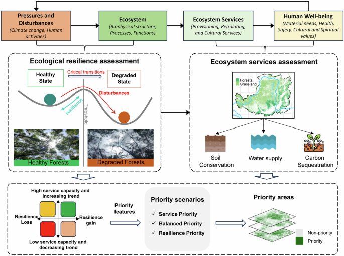 Fig. 1: Theoretical and technical framework linking ecological resilience and ecosystem services for spatial conservation planning.