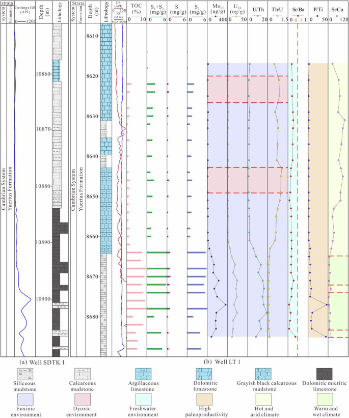 Fig. 6: Geochemical and lithological profiles of Cambrian source rocks in the Tarim Basin from wells SDTK-1 (left) and LT1 (right). SDTK-1 (>10 km) shows dolomitic micrite and mudstones with residual TOC, S₂, and HI values, indicating overmature but detectable hydrocarbon potential.