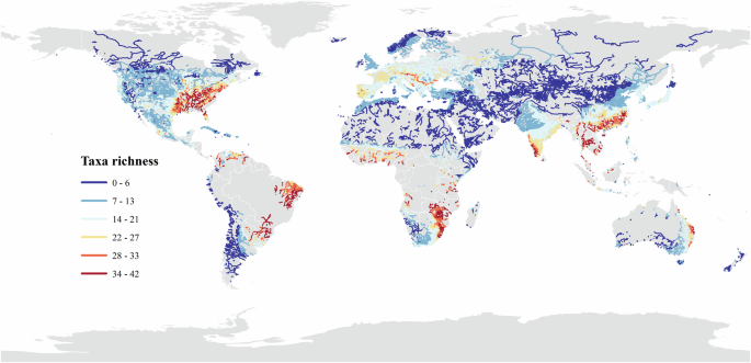 Fig. 5: Global distribution of threatened freshwater taxa richness within non-free-flowing rivers (NFFRs).