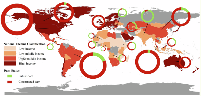 Fig. 9: Spatial relationship between global dam development trends and national income levels. The background map indicates national income classification.