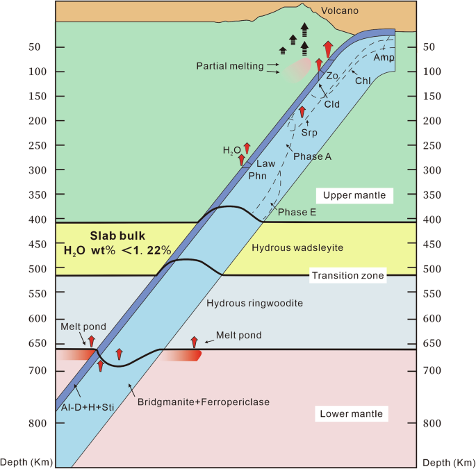 Fig. 3: Modeled stability of hydrous phases in the descending slabs with H₂O content less than the critical point (1.22 wt%).