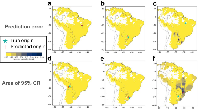 Fig. 3: Prediction maps of the most, median, and least accurate predictions from the SIR + TE origin determination model.