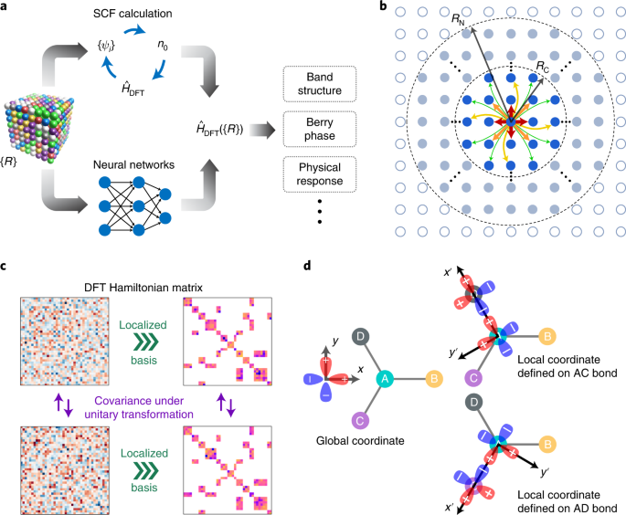 Fig. 1: Learning the DFT Hamiltonian 
                        
                          
                        
                        $${\hat{H}}_{{{{\rm{DFT}}}}}$$
                        
                          
                            
                              
                                
                                  H
                                
                                
                                  ̂
                                
                              
                            
                            
                              DFT
                            
                          
                        
                       by virtue of locality.