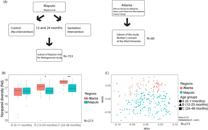 Fig. 1: A flow-chart of the study design and microbial community diversity patterns between Atlanta and Maputo gut microbiomes.