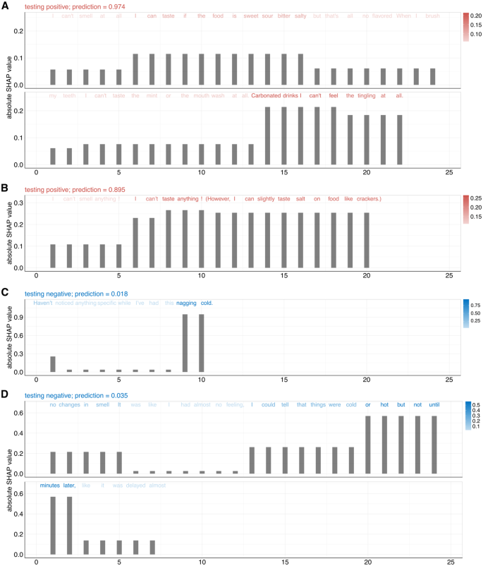 Fig. 4: Feature importance analysis of input text responses in predicting COVID-19 positive and negative examples.