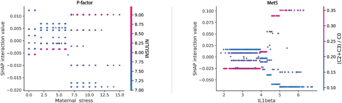 Fig. 7: SHAP selected interaction effects derived from the mental (P-factor) and the cardiometabolic (MetS) environmental-clinical risk scores.