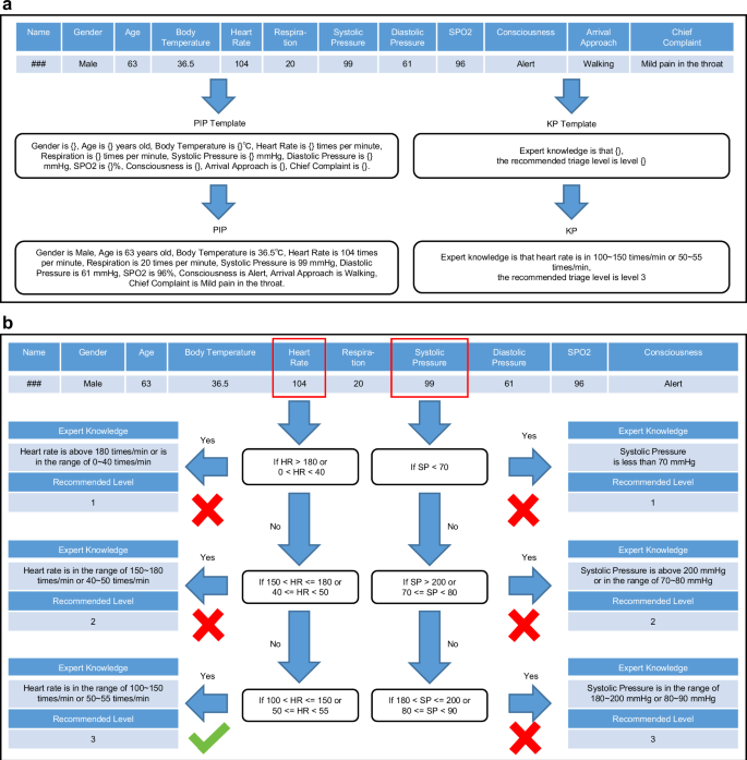 Fig. 2: Examples of the generation of PIP, KP, expert knowledge and recommended triage level.