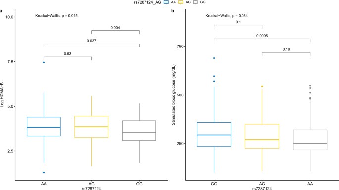 Fig. 2: Effect of variant on beta-cell function and 2 hour stimulated glucose levels.