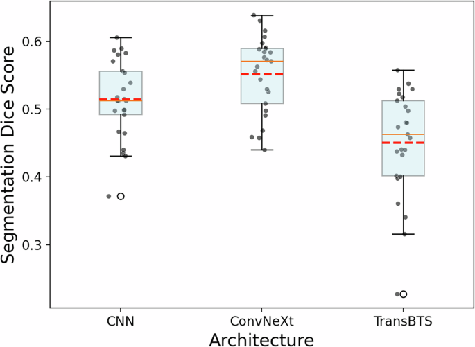 Fig. 4: Distribution of mean AUCs for three different DL architectures on the pLGG segmentation task across 25 trials.