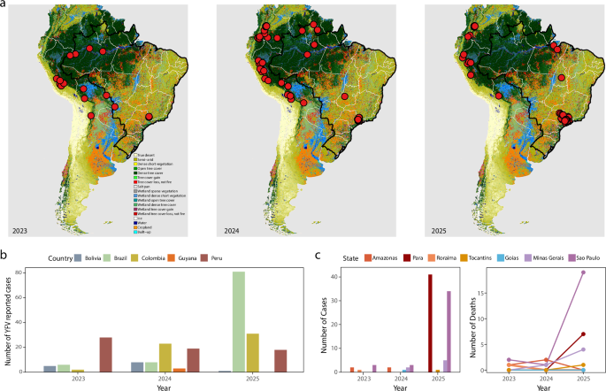 Fig. 2: Spatiotemporal dynamics and epidemiological trends of yellow fever virus (YFV) circulation in South America from 2023 to 2025.