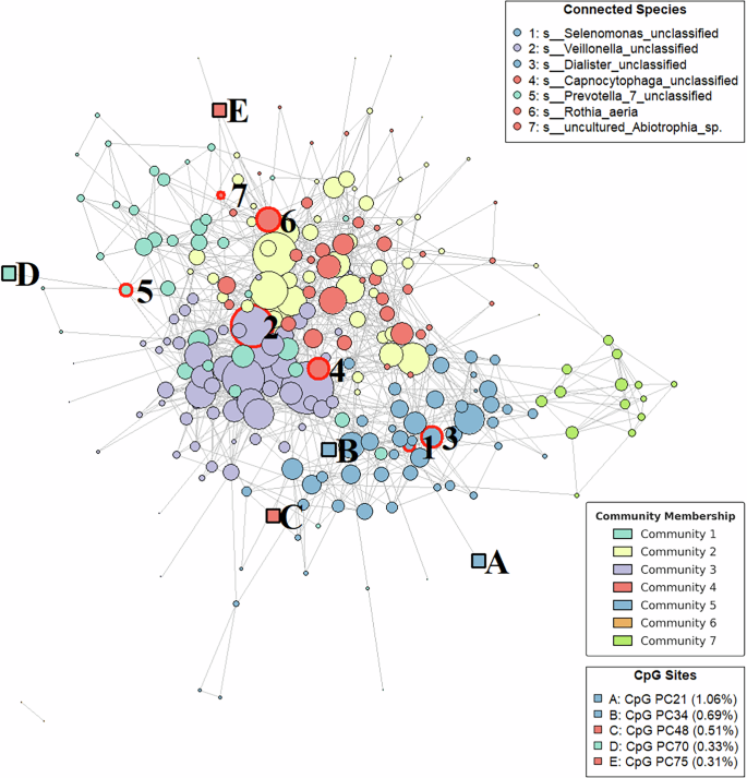 Fig. 4: Seven distinct oral microbial subcommunities and their associations with aging-related PC CpG sites.