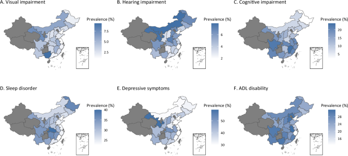 Fig. 1: Weighted prevalence of age-related functional impairment by province in CHARLS population (50 years and older) in 2020 (N = 12906).