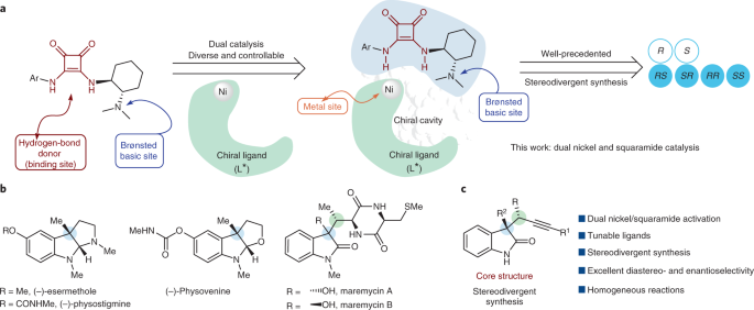 Combining nickel and squaramide catalysis for the stereodivergent  α-propargylation of oxindoles | Nature Synthesis