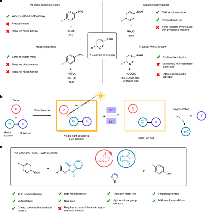 Fig. 1: Existing methods and anti-Friedel–Crafts coupling established in this work.