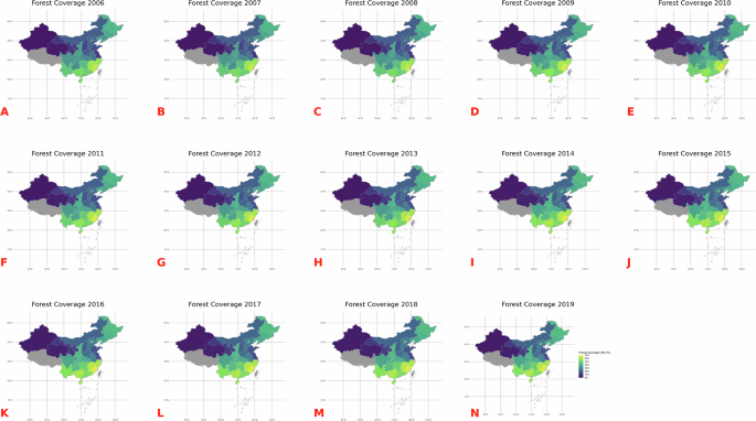 Fig. 2: Spatial patterns of forest coverage rate (%) in mainland China from 2006 to 2019.