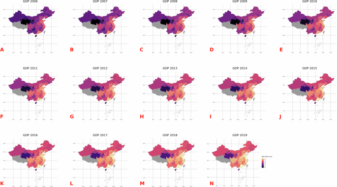 Fig. 3: Spatial patterns of GDP (trillion yuan) in mainland China from 2006 to 2019.
