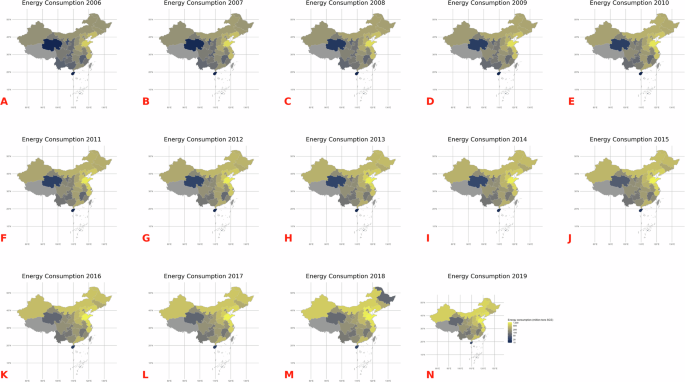 Fig. 4: Spatial patterns of energy consumption (million tons SCE) in mainland China from 2006 to 2019.