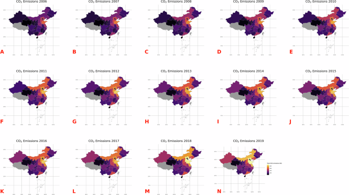 Fig. 5: Spatial patterns of CO2 emissions (million tons) in mainland China from 2006 to 2019.