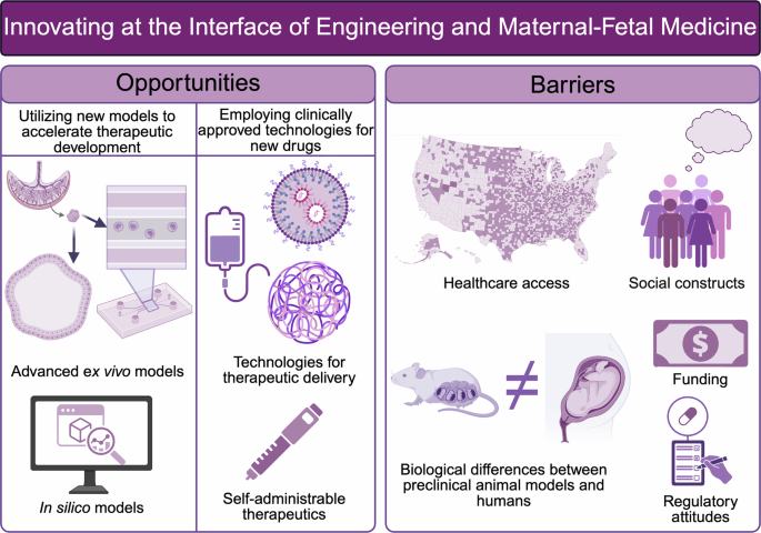 Fig. 1: Opportunities and barriers to innovate at the interface of engineering and maternal-fetal medicine.