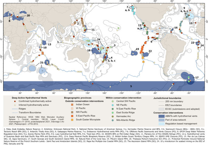 Fig. 1: Conservation interventions with deep active hydrothermal vents in relation to their biogeographical provinces.