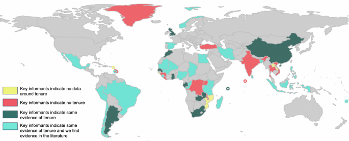 Fig. 1: We examined two sources for evidence of tenure in 51 countries.