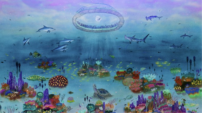 Fig. 1: Artistic representation of Reeftopia, where delegates gather in the Coralarium to co-create a new global constitution.