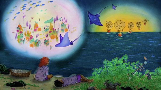 Fig. 2: Artistic representation of Project Reefoir, a biocultural model for revitalizing coral reefs and local communities in the aftermath of ecological collapse and climate-induced exodus.