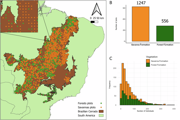 Fig. 1: Distribution and sampling structure of vegetation plots in the Brazilian Cerrado.