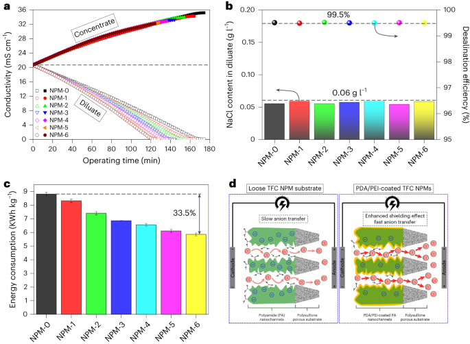 Fig. 3: Electrodialytic separation performance of the PDA/PEI-coated TFC NPMs in pure NaCl solution (about 12.0 g l−1) at a current of 0.5 A.