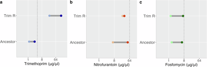 Fig. 2: Trimethoprim-resistant derivatives of three clinical isolates of Escherichia coli display an increased mutant selection window for trimethoprim and a reduced mutant selection window to nitrofurantoin.