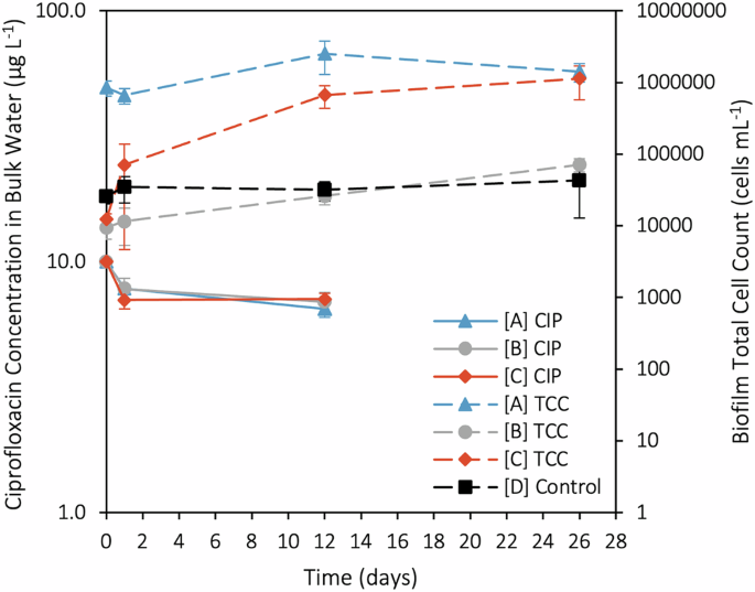 Fig. 1: Dual-axis time-series plot of ciprofloxacin concentration and biofilm TCCs.