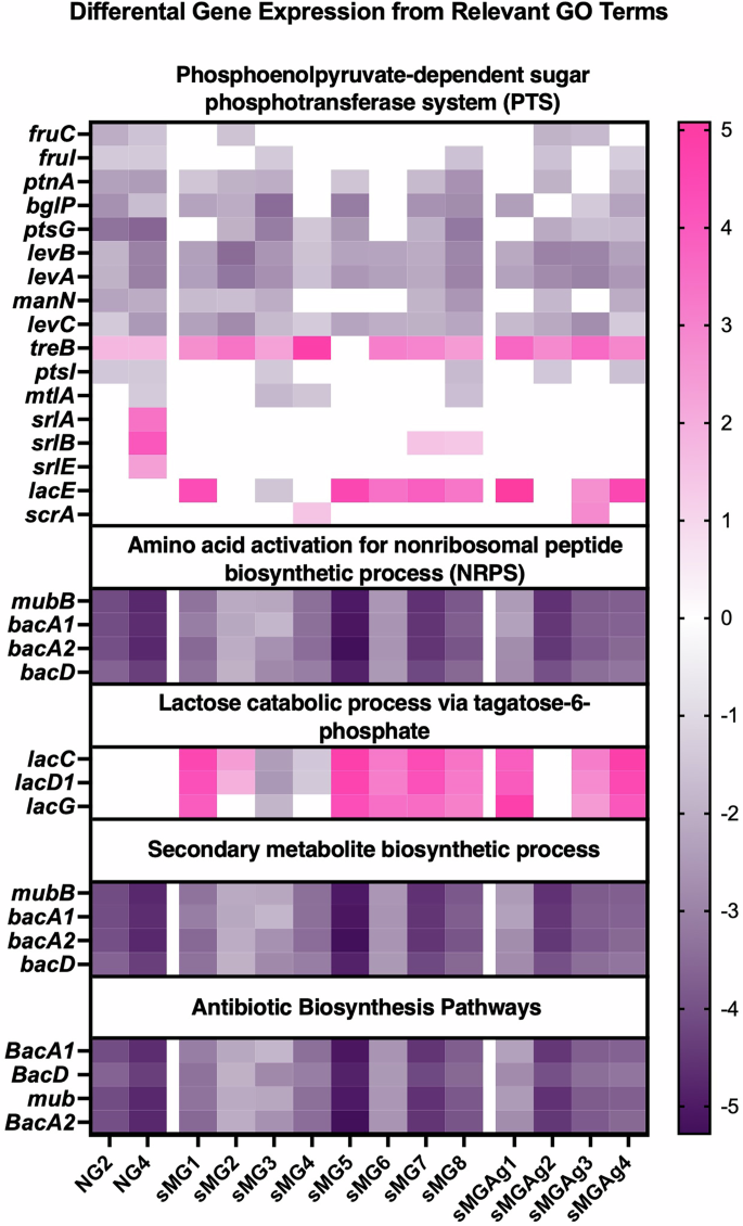 Fig. 3: Differential expression of genes associated with selected GO biological processes.