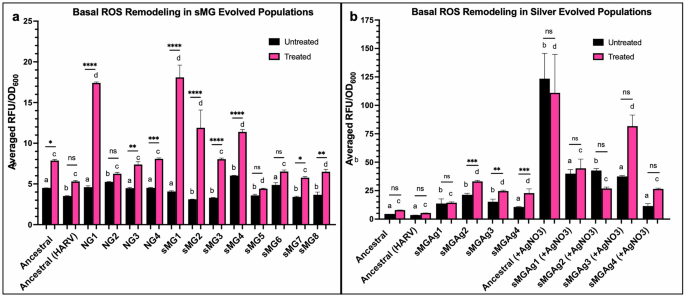 Fig. 5: Basal and inducible ROS levels in evolved populations under sMG and sMGAg conditions.