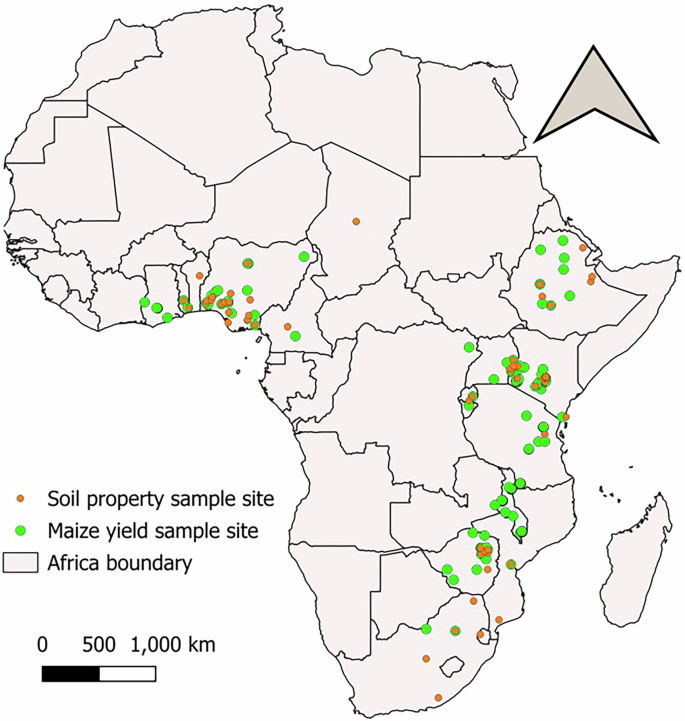 Fig. 4: Map of the study site where soil properties and maize yield data were collected by the primary studies.