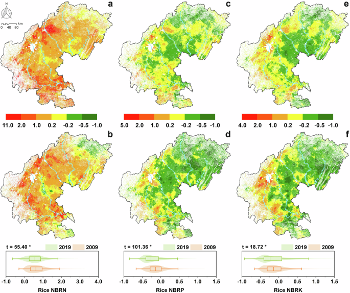 Fig. 4: Spatial distributions of the rice nutrient balance ratio from 2009 to 2019 in SW China.