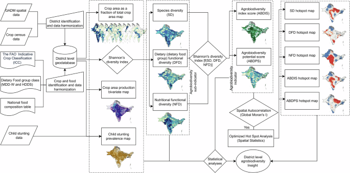 Fig. 6: Methodological framework for district-level spatial assessment of species and functional crop diversity pattern and their linkage.