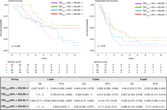 Fig. 6: No improved prognostic value in combined categorization of AI-TSP and KELIM on survival outcomes.