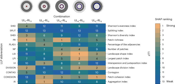 Fig. 3: SHAP ranking of LLPs for different combinations of RL and UL.