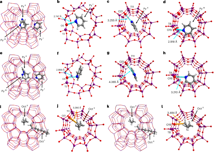 Fig. 4: Views of crystal structures of pyridine-d5 or octene-loaded zeolites.
