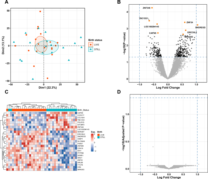 Fig. 2: Transcriptomic differences between live birth and stillbirth samples.