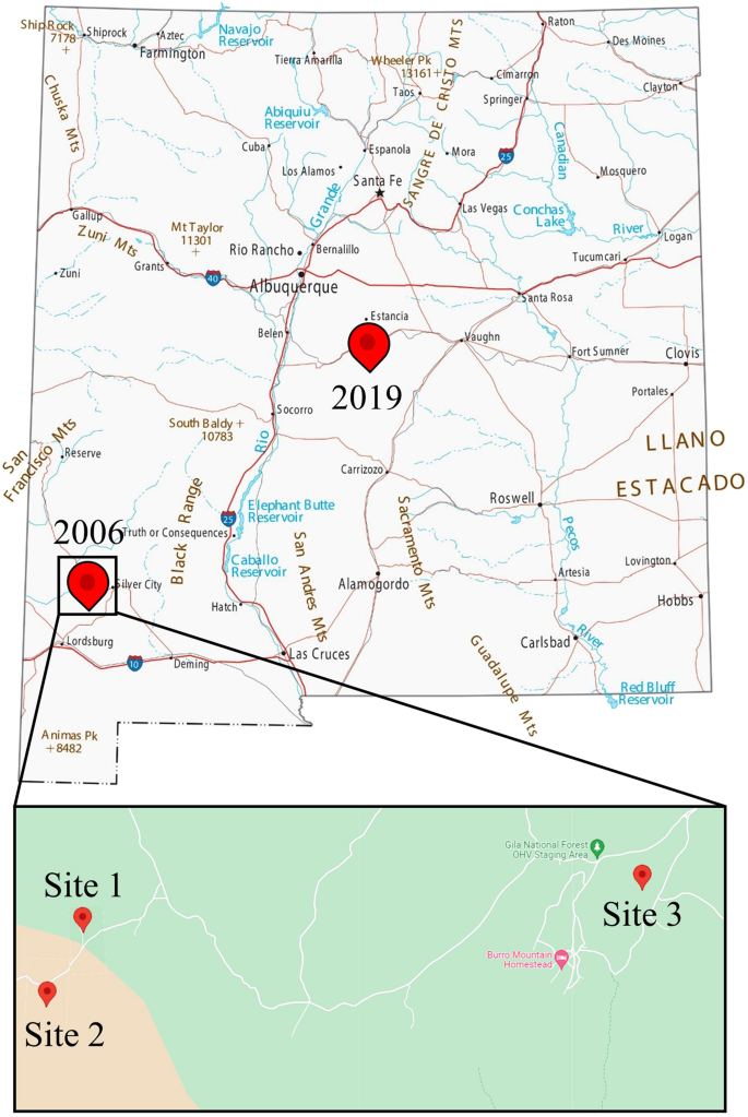 Fig. 2: Map of locations of “LSCV”-positive rodents collected in New Mexico.