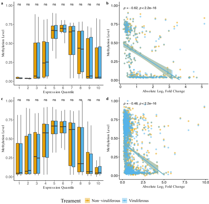 Fig. 3: Methylation patterns related to transcript derived expression from non-viruliferous and viruliferous adult Bemisia tabaci.