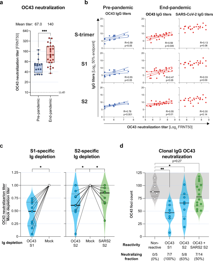 Fig. 5: OC43 neutralization and correlations with serum IgG titers.
