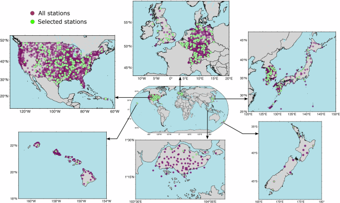 Fig. 2: Spatial distribution of the 2703 quality-controlled rain stations used in this study, located across the United States, Belgium, Germany, Switzerland, the United Kingdom, South Korea, Japan, Singapore, and New Zealand.