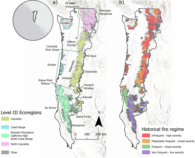 Fig. 1: Location of the Northwest Forest Plan study area in the western United States, and the national forests within it.