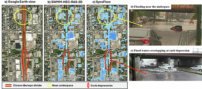 Fig. 5: Zoomed-in Google Earth view illustrating different flood modeling comparisons and observed flooding across the Cicero-Berwyn divide for the study.